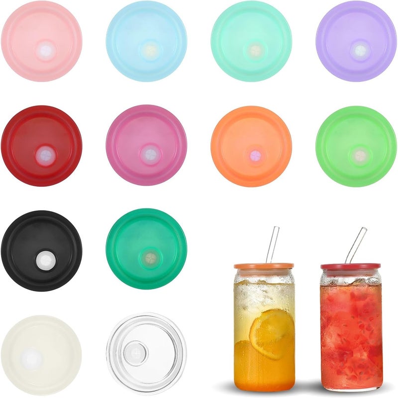 YONHTUTU 12 Pack Acrylic Lids for 16 oz / 20 oz Glass Cups, Replacement Lids with Straw Hole for Mason Jar, Spill Proof Reusable Plastic Bamboo Cover for Beer Can Iced Coffee Tumbler Cup Gifts, Multi-Colored - Image 1